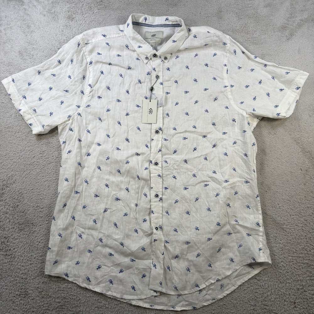 Report Collection Shirt Mens 2XL White 100% Linen Lobster Short Sleeve Button